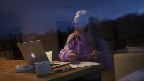 A senior woman sitting indoor and working on laptop. View trough the window.