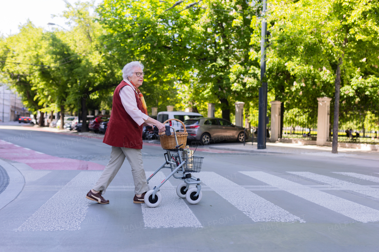 Beautiful senior woman on walk through the city, walking with the help of a rollator. Crossing the crosswalk.