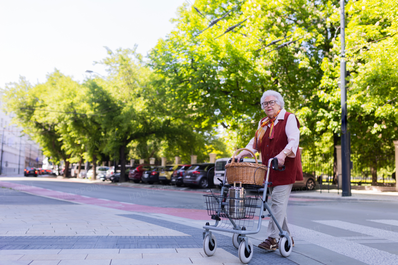 Beautiful senior woman on walk through the city, walking with the help of a rollator. Crossing the crosswalk.