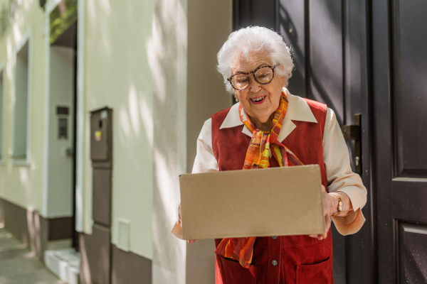 Elderly woman in front of her house, picking up package from the courier.