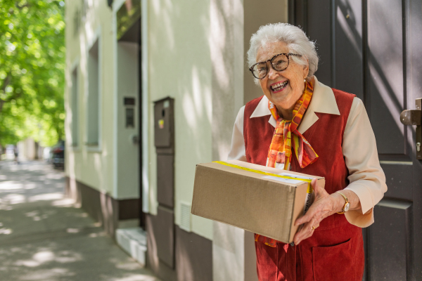 Elderly woman in front of her house, picking up package from the courier.