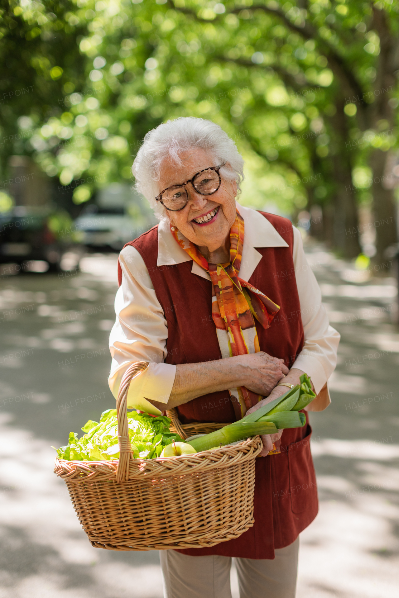 Senior woman going home from the supermarket, walking in the city, holding basket full of groceries.