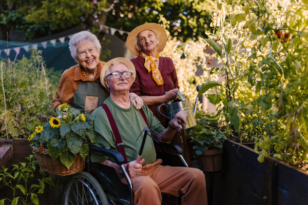 Portrait of senior friends taking care of vegetable plants in urban garden in the city. Pensioners spending time together gardening in community garden in their apartment complex. Nursing home residents gardening outdoors.