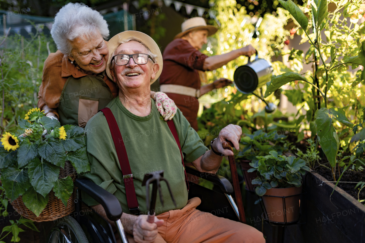 Portrait of senior couple taking care of vegetable plants in urban garden in the city. Pensioners spending time together gardening in community garden in their apartment complex. Nursing home residents gardening outdoors.