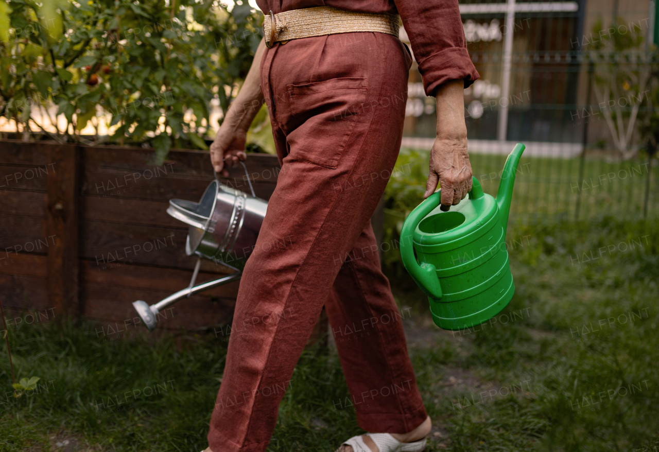 A close up of a watering can. The gardener holding a plastic and metal watering can.