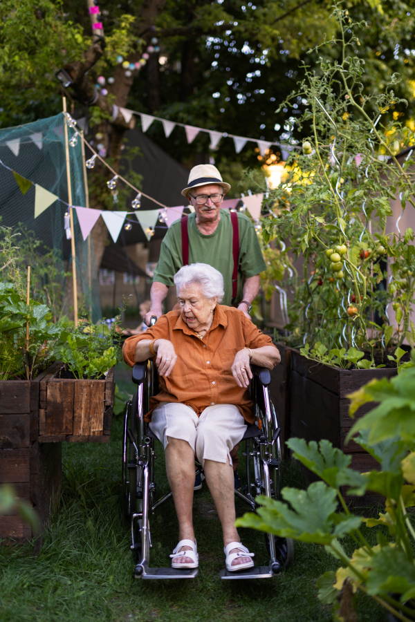 Family haivng party during warm summer evening in urban garden. Senior couple celebrating birthday, having garden party in the backyard.