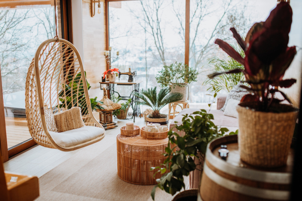 High angle view of modern cozy living room in winter season.