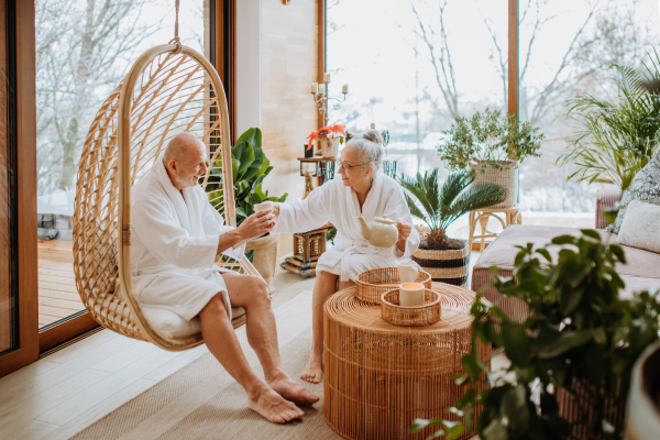 Senior couple in bathrobes enjoying time together in their living room, drinking a hot tea, calm and hygge atmosphere.