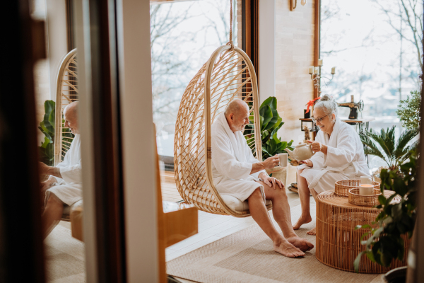 Senior couple in bathrobes enjoying time together in their living room, drinking a hot tea, calm and hygge atmosphere.