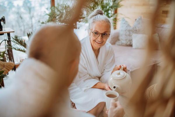 Senior couple in bathrobes enjoying time together in their living room, drinking a hot tea, calm and hygge atmosphere.