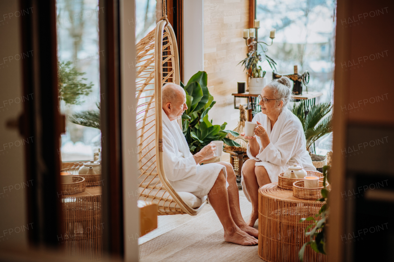 Senior couple in bathrobes enjoying time together in their living room, drinking a hot tea, calm and hygge atmosphere.