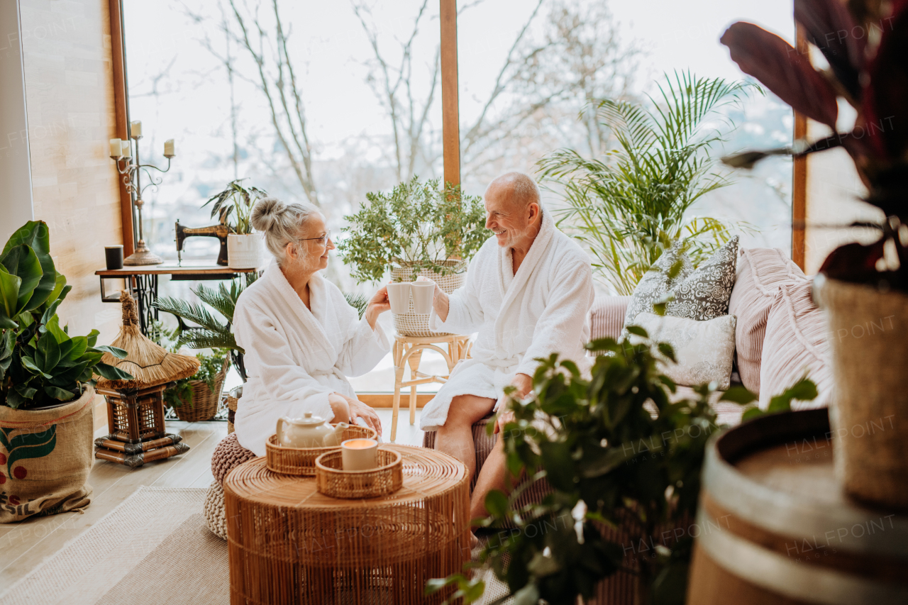 Senior couple in bathrobes enjoying time together in their living room, drinking a hot tea, calm and hygge atmosphere.