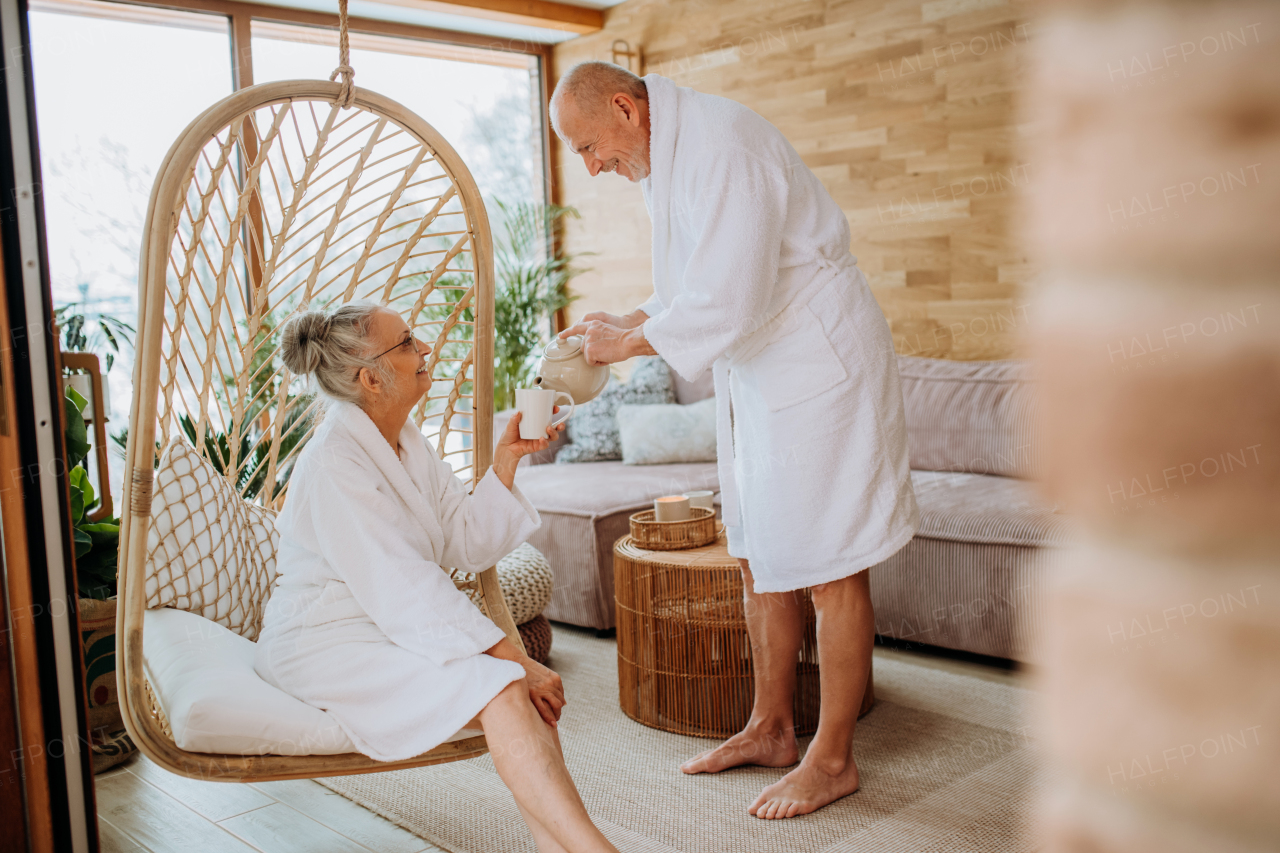 Senior couple in bathrobes enjoying time together in their living room, drinking a hot tea, calm and hygge atmosphere.