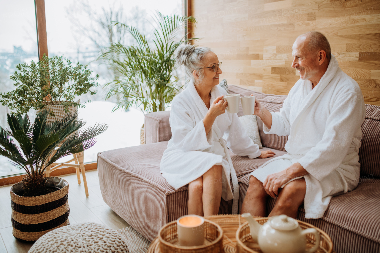 Senior couple in bathrobes enjoying time together in their living room, drinking a hot tea, calm and hygge atmosphere.