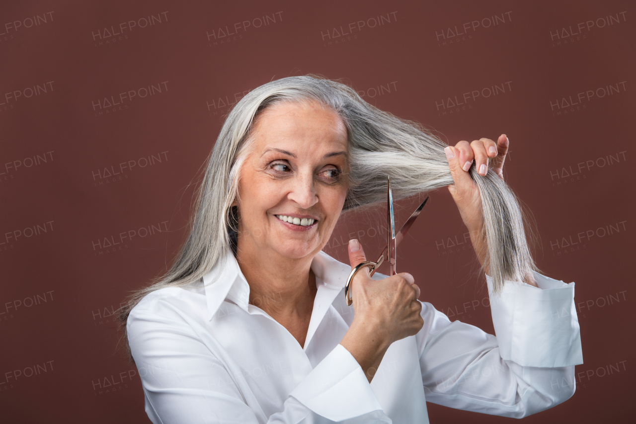 Portrait of senior woman cutting her beautiful gray hair. Cutting hair because of breast cancer. Breast cancer awareness concept.