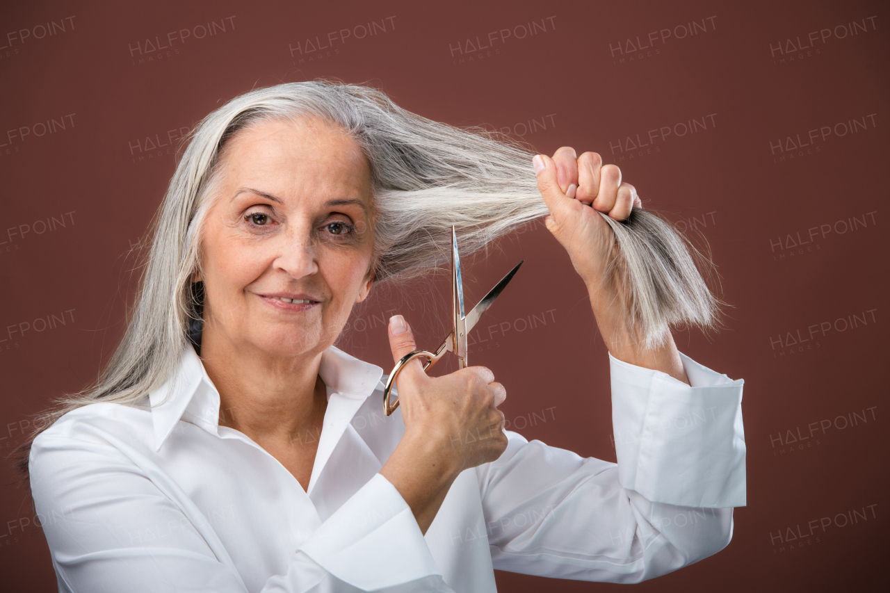 Portrait of senior woman cutting her beautiful gray hair. Cutting hair because of breast cancer. Breast cancer awareness concept.