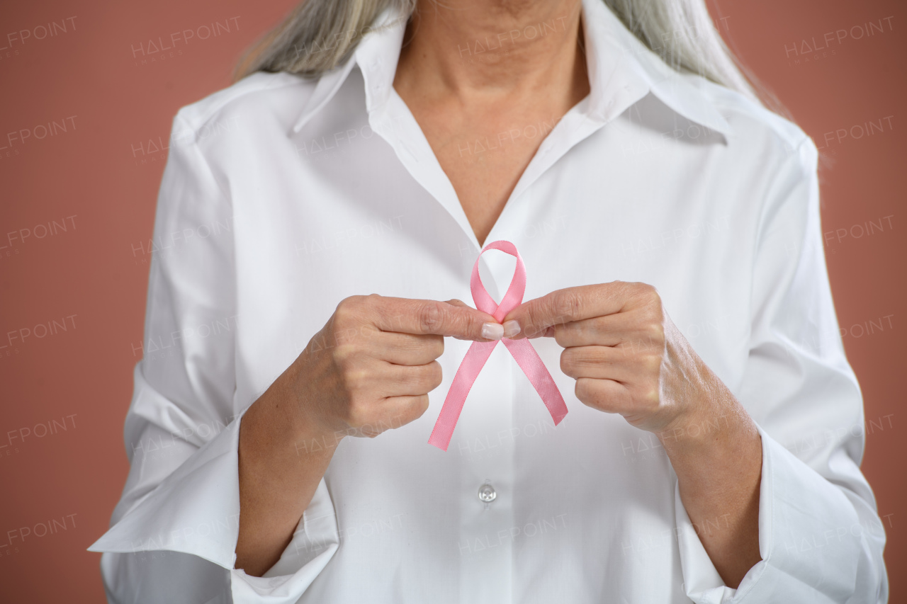 Close-up of senior woman holding the pink bow. Breast cancer awareness concept.