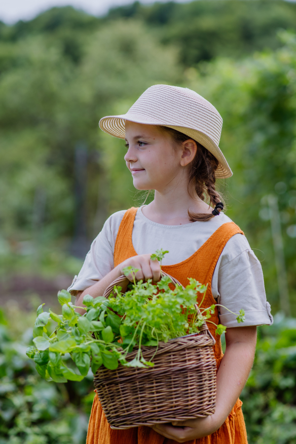 Portrait of a cute little girl in an autumn garden. The young girl in a dress and hat holding a basket full of harvested vegetable and herbs.