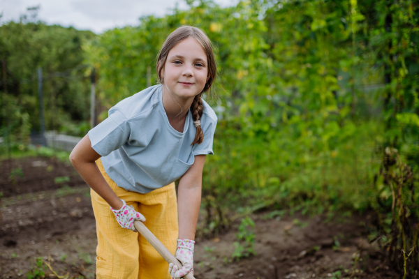 Portrait of young girl hand hoeing soil with hoe in the garden.