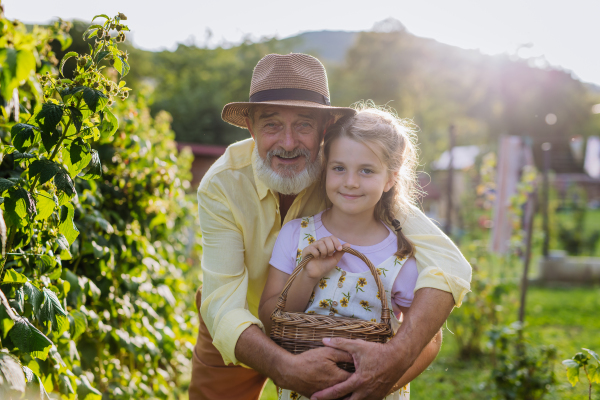 Portrait of grandfather with granddaughter in the garden. Concept of importance of grandparents - grandchild relationship. Intergenerational gardening.