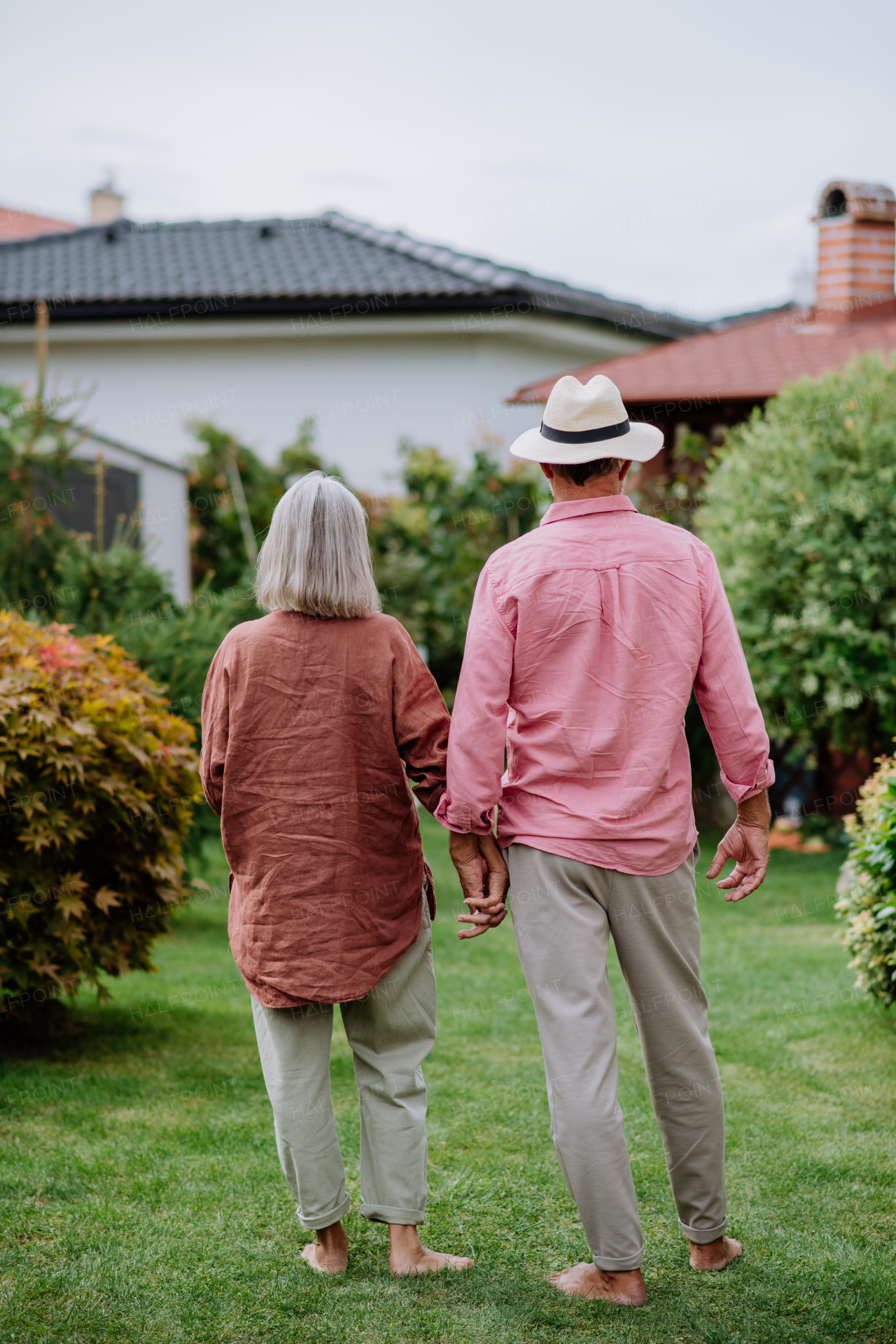 Rear view of senior couple posing together in the garden, holding each other hands.