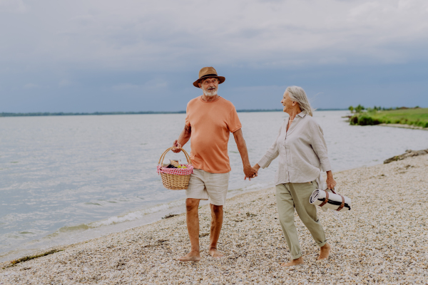 Senior couple walking with picnic basket near the sea.