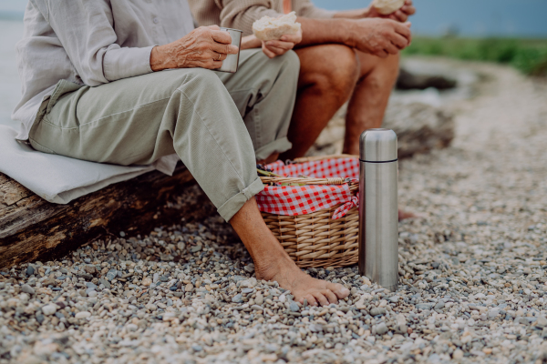 Low section of senior couple enjoying picnic outdoor near autumn sea.