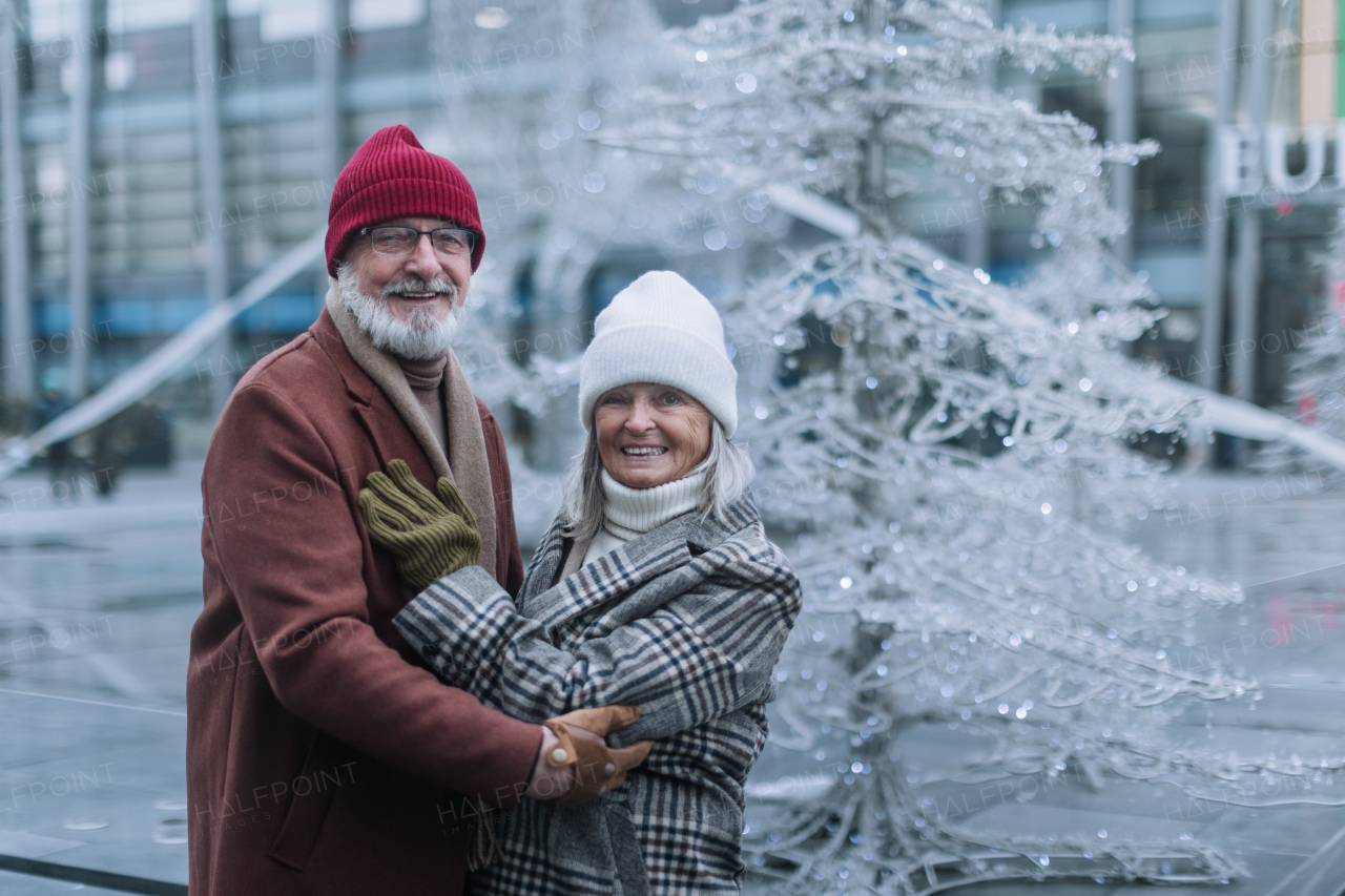 Portrait of seniors in winter at outdoor ice skating rink. Smiling, embracing each other.