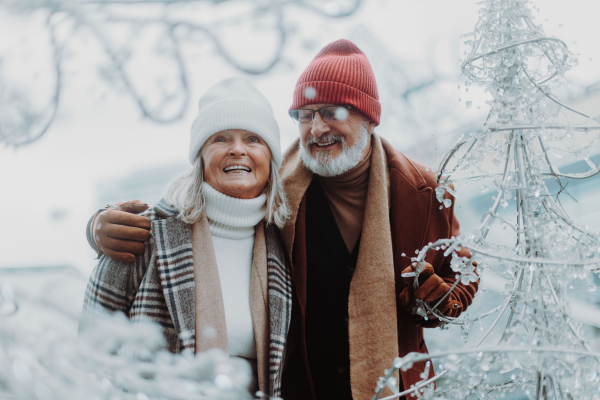 Portrait of seniors in winter Christmas day. Smiling, embracing each other.