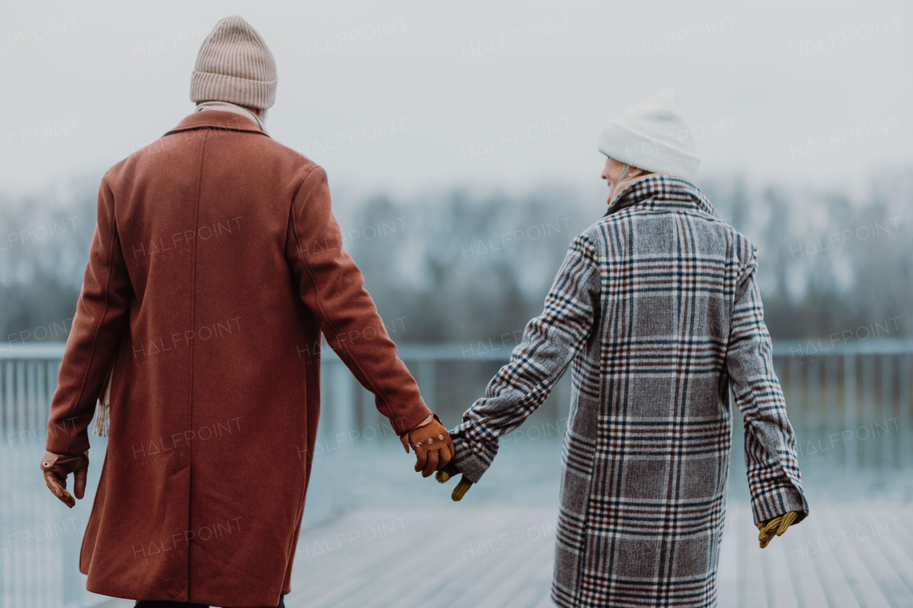 Rear view of elegant senior couple walking near a river, during cold winter day.