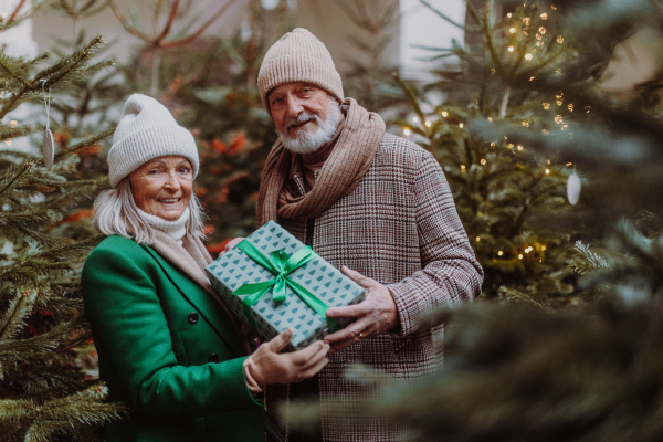 Happy senior couple enjoying outdoor christmas market at the evening, buying gifts and christmas tree.