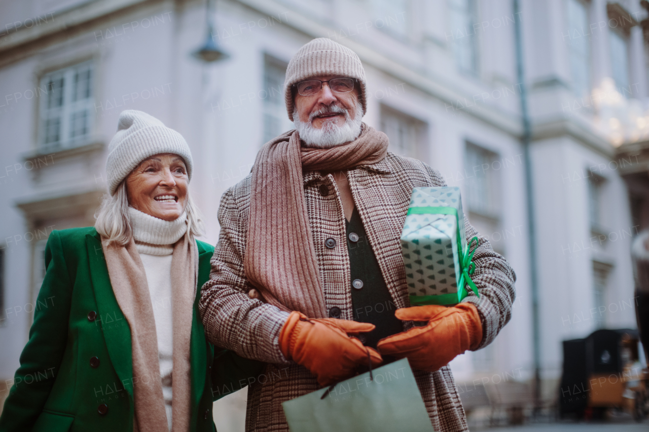 Happy senior couple enjoying outdoor christmas market, buying gifts.