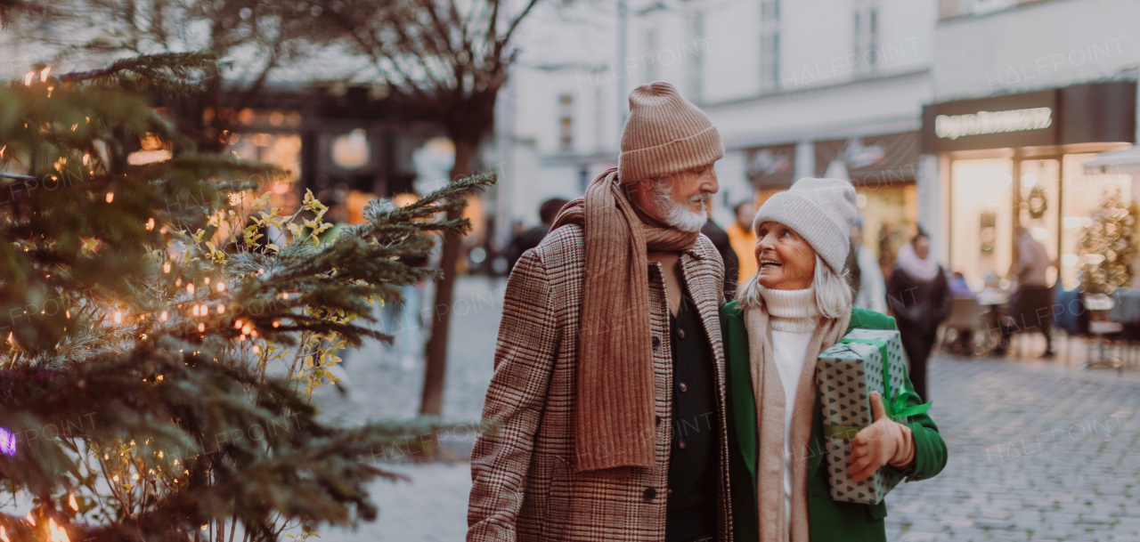 Happy senior couple enjoying outdoor christmas market at the evening, having fun, meeting friends. Christmas banner with copy space.