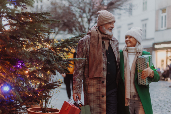 Happy senior couple buying christmas gifts in the winter city streets.