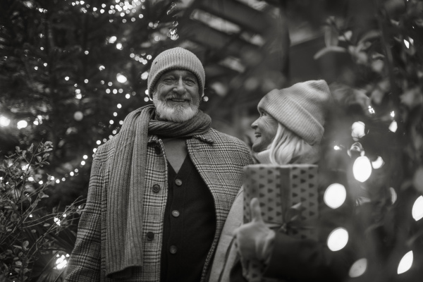 Black and white portrait of senior couple enjoying outdoor christmas market at the evening, buying gifts and christmas tree.