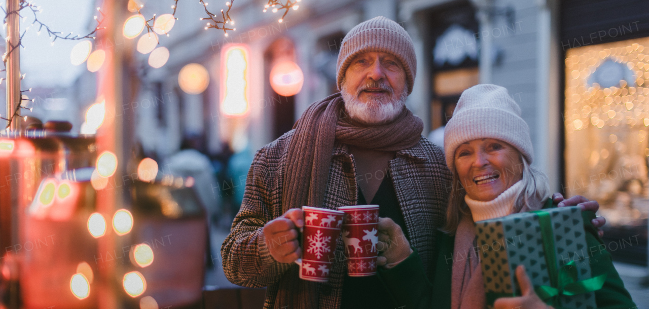 Happy senior couple enjoying outdoor christmas market, buying gifts. Christmas banner with copy space.