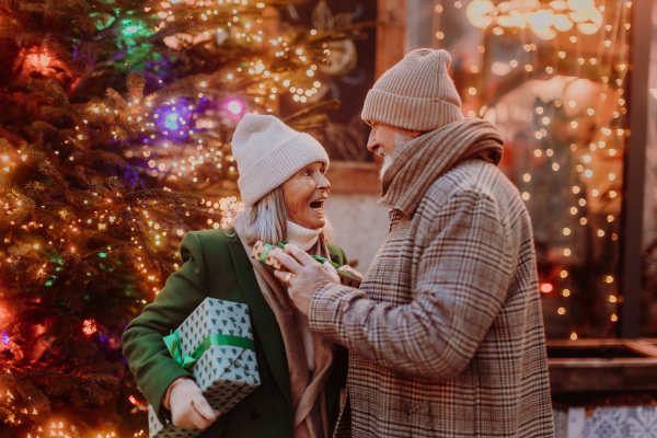 Happy senior couple enjoying outdoor christmas market at the evening, buying gifts and christmas tree.