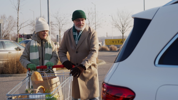 Senior couple giving their purchase in the electric car trunk.