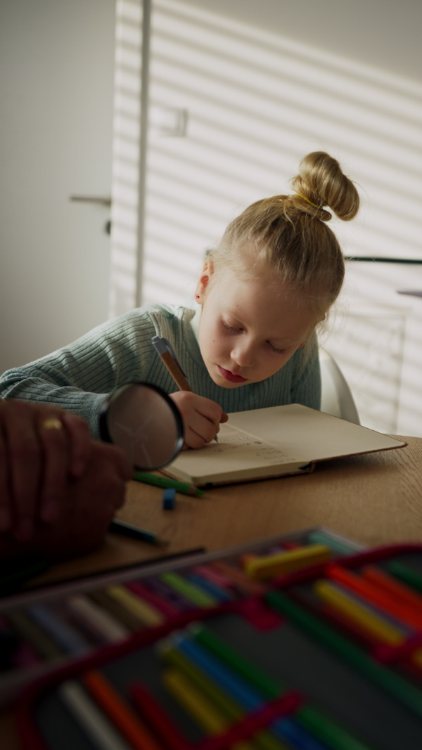 Vertical view of a senior man doing homework with his little granddaughter.