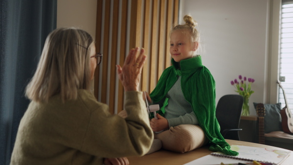 Grandmother playing with their little granddaughter at home.