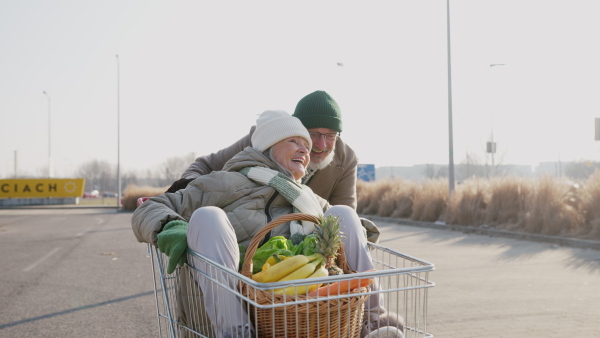 Senior couple going home from a grocery store, having fun.