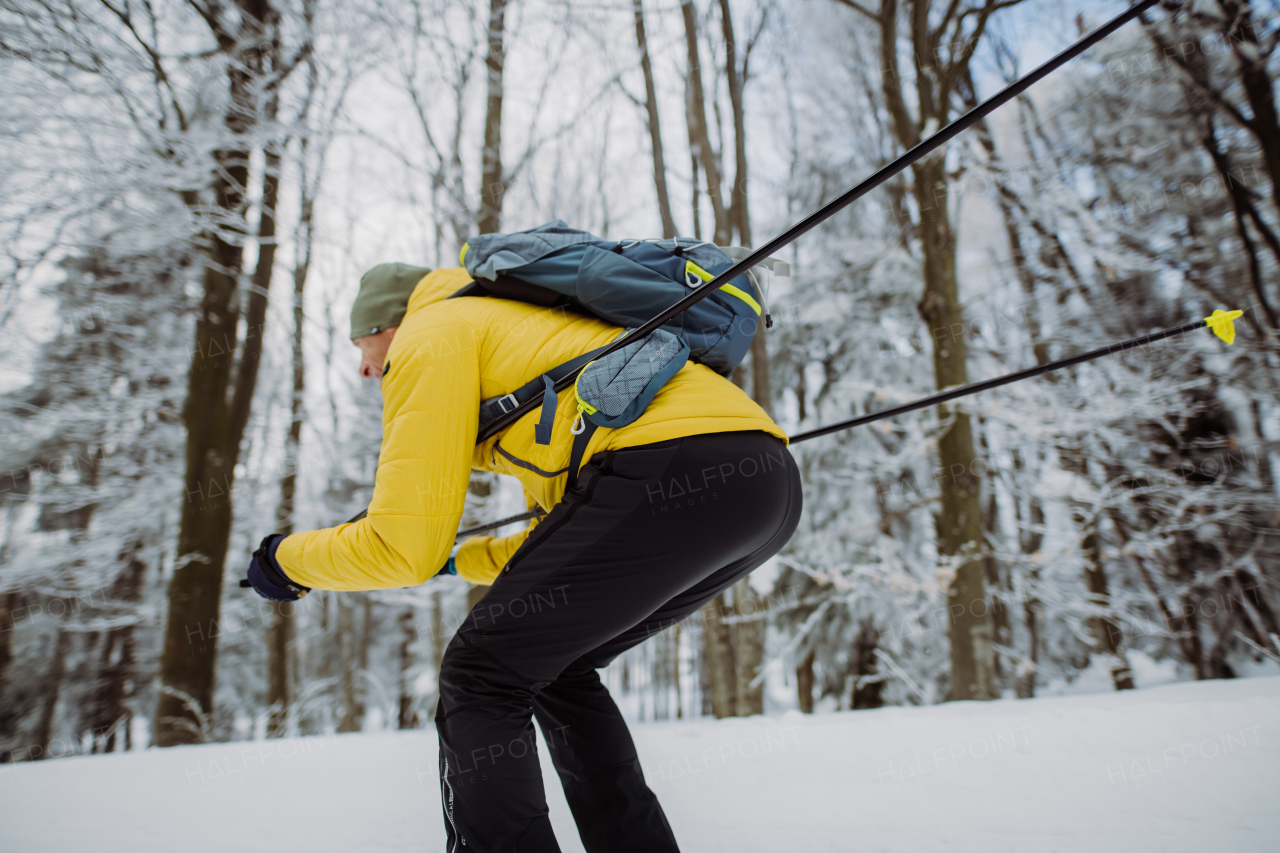 Senior man doing cross country skiing in front of a snowy forest.