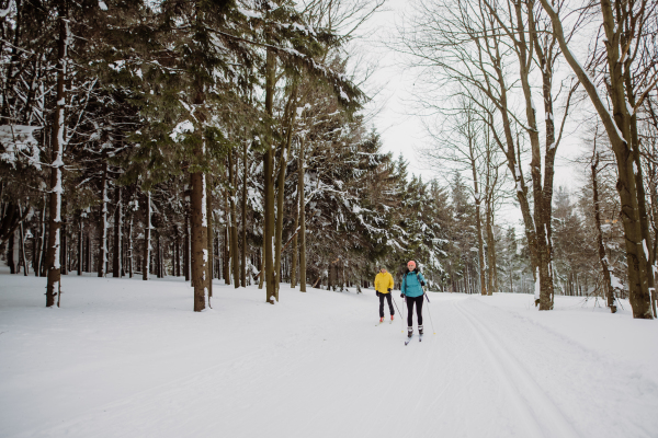 Senior couple skiing together in the middle of snowy forest.