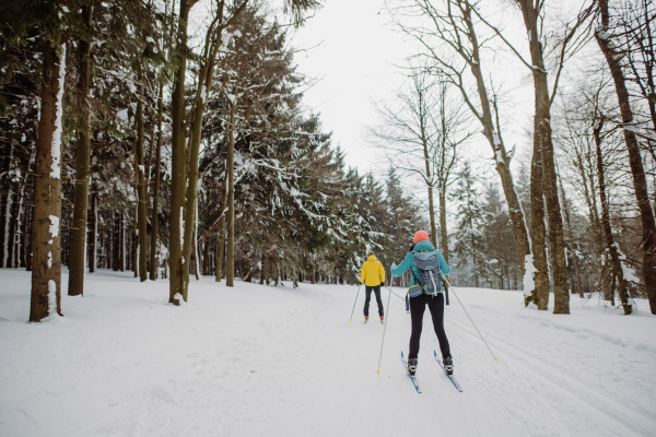 Senior couple skiing together in the middle of snowy forest.