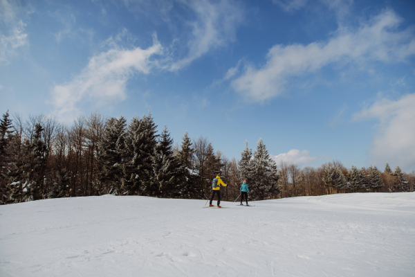 Senior couple skiing together in the middle of snowy forest.