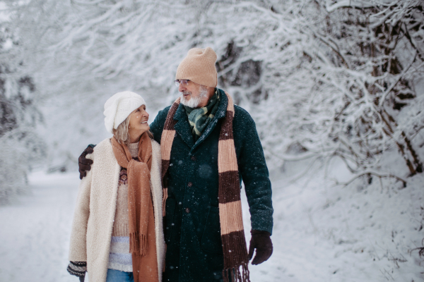 Elegant senior couple walking in the snowy park, during cold winter snowy day. Elderly couple spending winter vacation in the mountains. Wintry landscape.