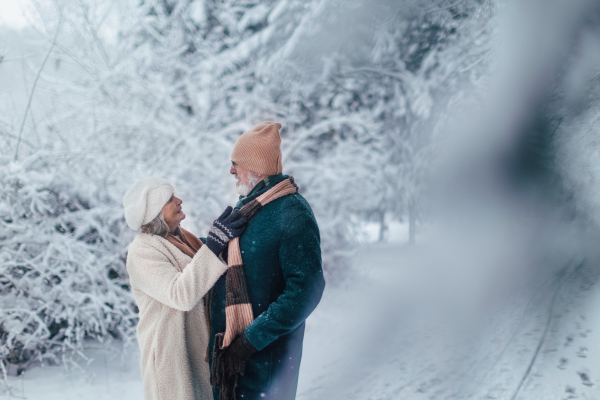 Elegant senior couple walking in the snowy park, during cold winter snowy day. Elderly woman fasten husband's winter coat. Wintry christmas landscape.