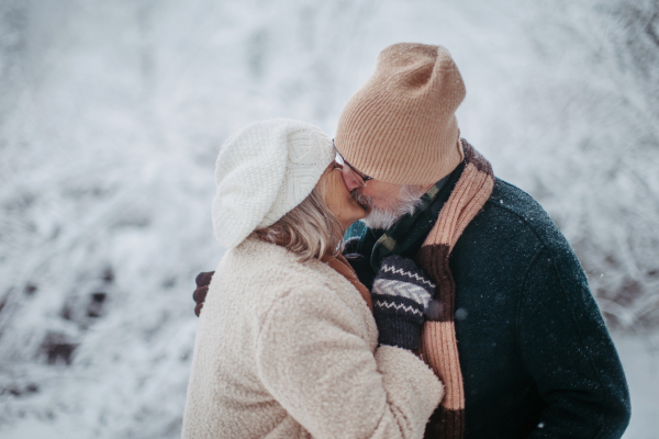 Elegant senior couple kissing in the snowy park, during cold winter snowy day. Elderly couple spending winter vacation in the mountains. Wintry landscape.