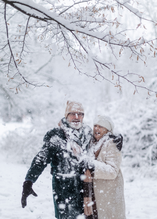 Elegant senior couple walking in the snowy park, during cold winter snowy day. Elderly man shaking snow off the branch, laughing. Wintry landscape.