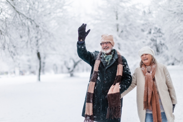 Elegant senior man waving to someone during walk in the snowy park. Elderly couple spending winter vacation in the mountains. Wintry landscape.